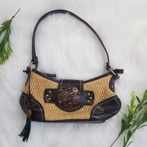 Woven straw and faux leather dress purse